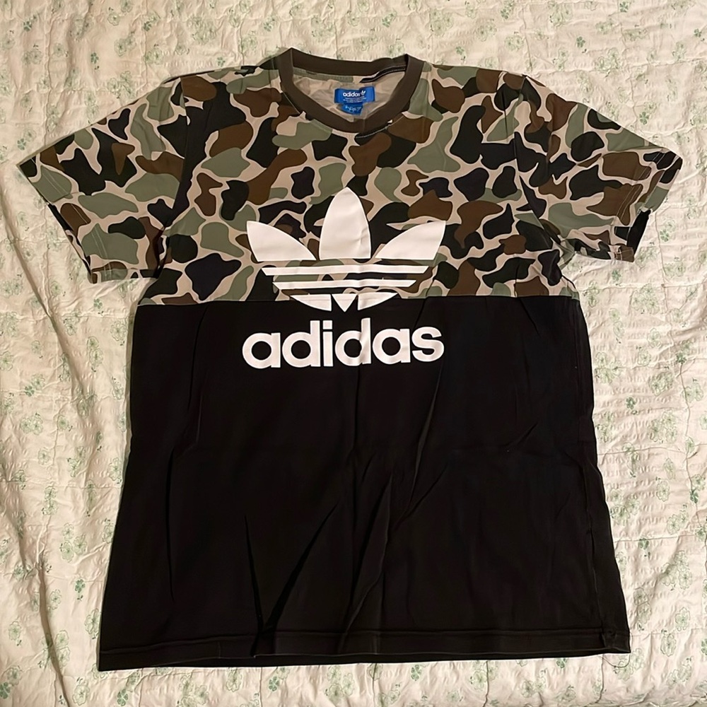 Adidas green and brown camo Trefoil Tee